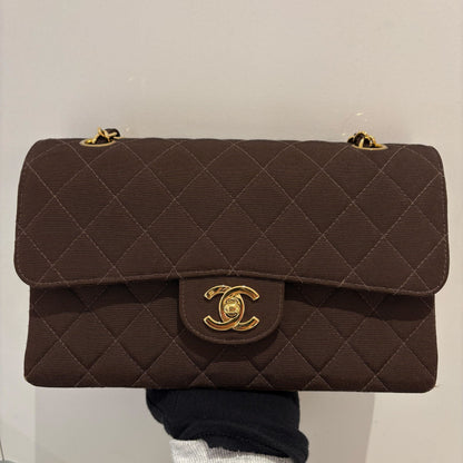 Chanel 1997-1999 Brown Canvas Small Classic Double Flap Shoulder Bag