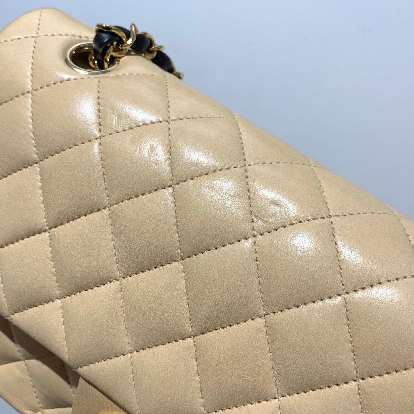 Chanel 2005-2006 Beige Black Lambskin Medium Classic Double Flap Shoulder Bag