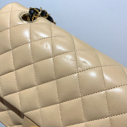 Chanel 2005-2006 Beige Black Lambskin Medium Classic Double Flap Shoulder Bag