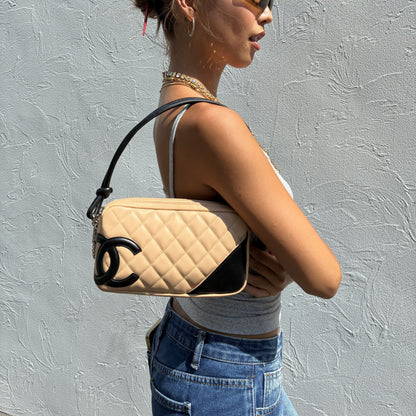 Chanel Beige Black Calfskin Cambon Ligne Handbag