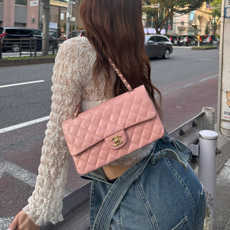 Chanel 2004-2005 Pink Lambskin Medium Classic Double Flap Shoulder Bag