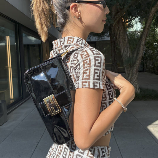 Fendi 2008 Black Patent Leather Baguette Handbag