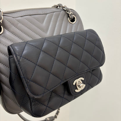 Chanel 2018-2019 Navy Gray Lambskin Chevron Paris-Hamburg Double Camera Case Bag