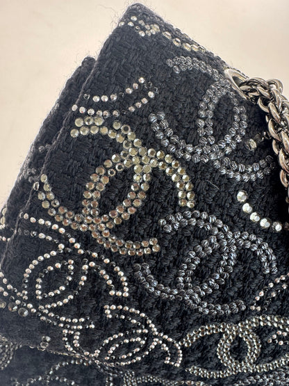 Chanel Black Fabric Rhinestone Medium Classic Double Flap Shoulder Bag