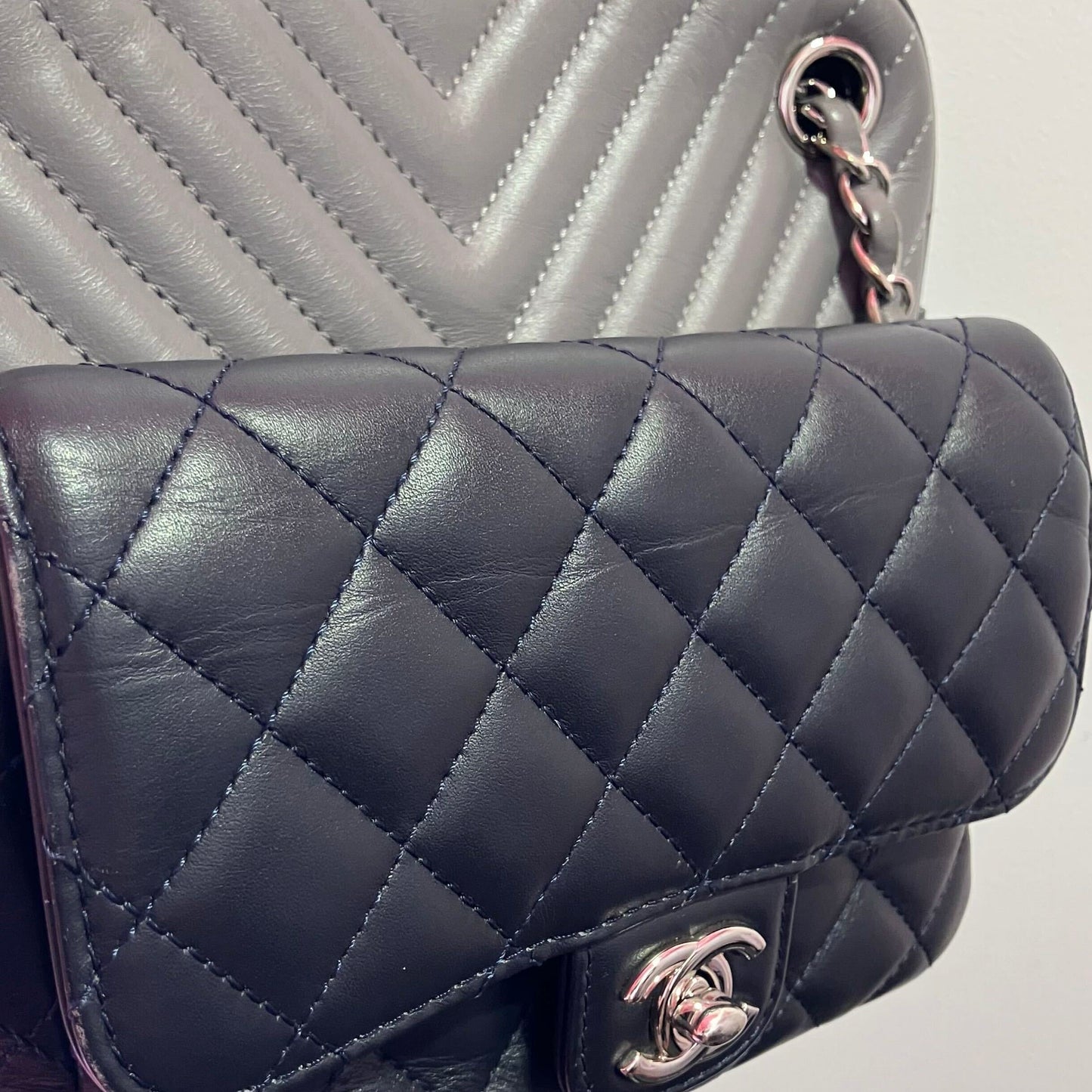 Chanel 2018-2019 Navy Gray Lambskin Chevron Paris-Hamburg Double Camera Case Bag