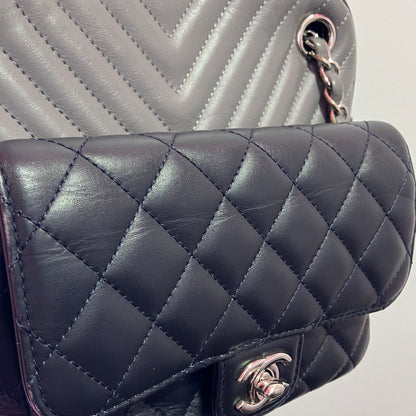 Chanel 2018-2019 Navy Gray Lambskin Chevron Paris-Hamburg Double Camera Case Bag