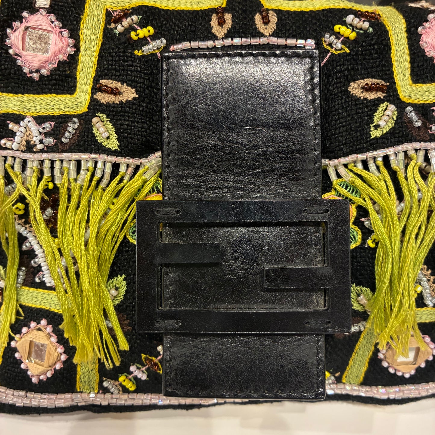 Fendi Black Cotton Beaded Embroidered Baguette Handbag