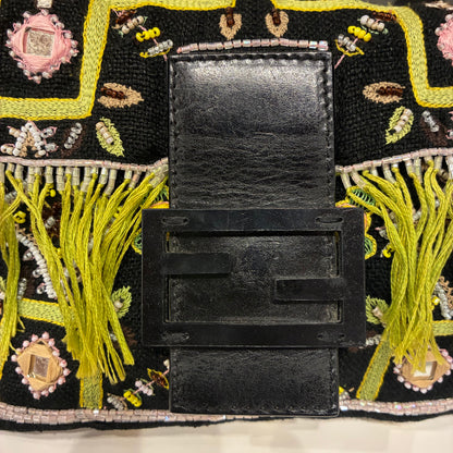Fendi Black Cotton Beaded Embroidered Baguette Handbag
