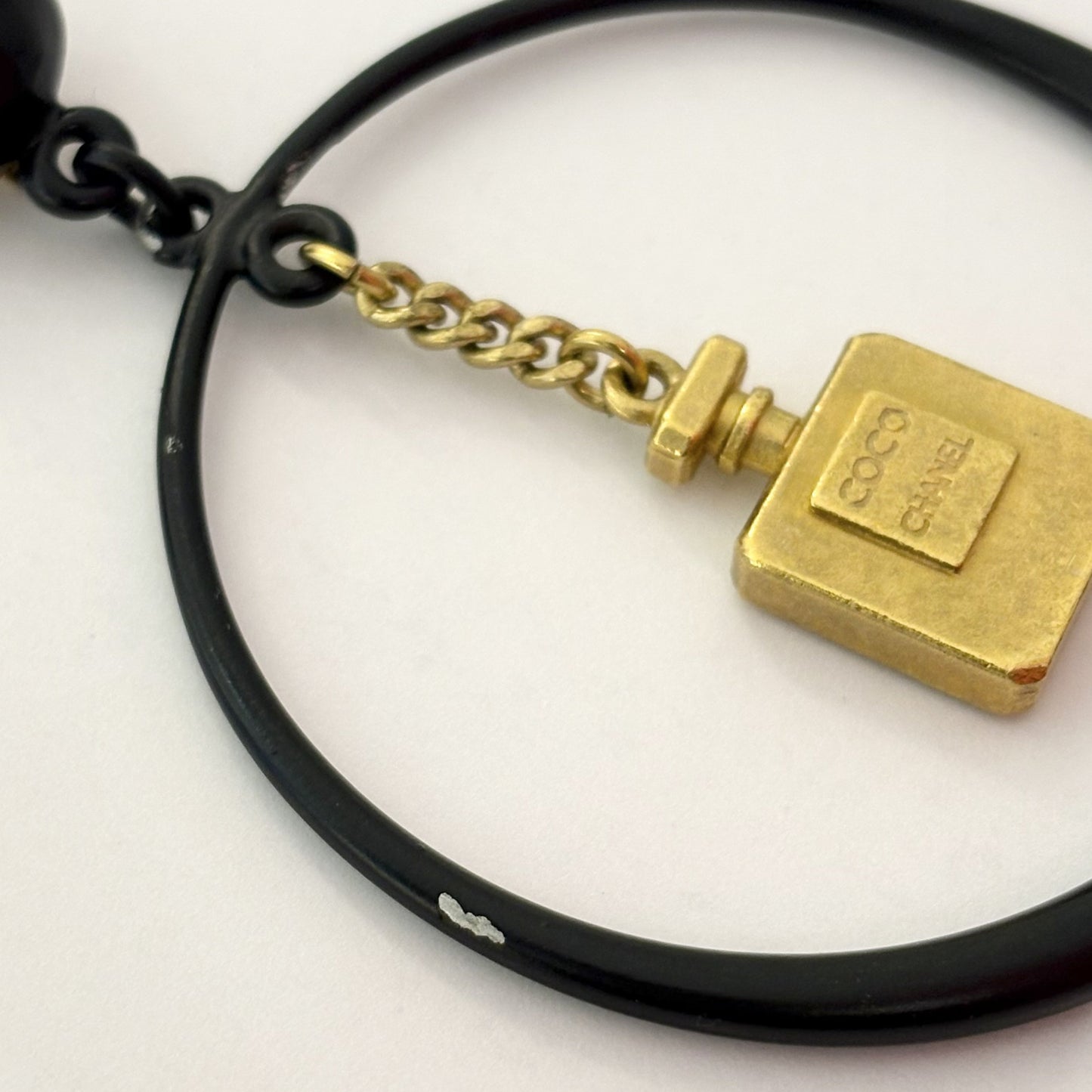 Chanel Gold Black Hoop Dangle Perfume Bottle Earrings Clip-On 94C