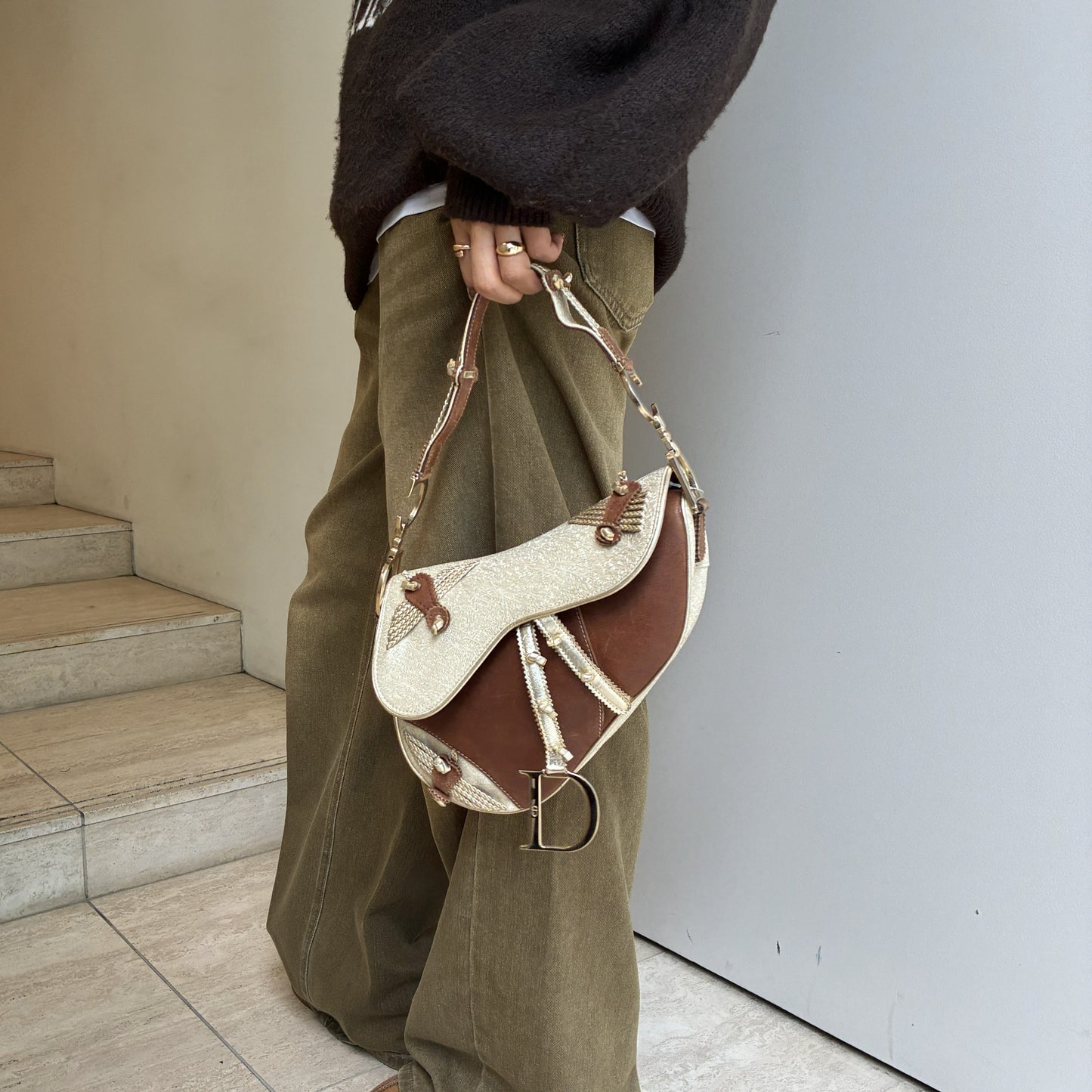 Christian Dior Gold Brown Saddle Handbag