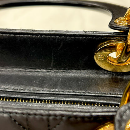 Christian Dior 2001 Black Lambskin Large Lady Dior Cannage 2way Shoulder Handbag