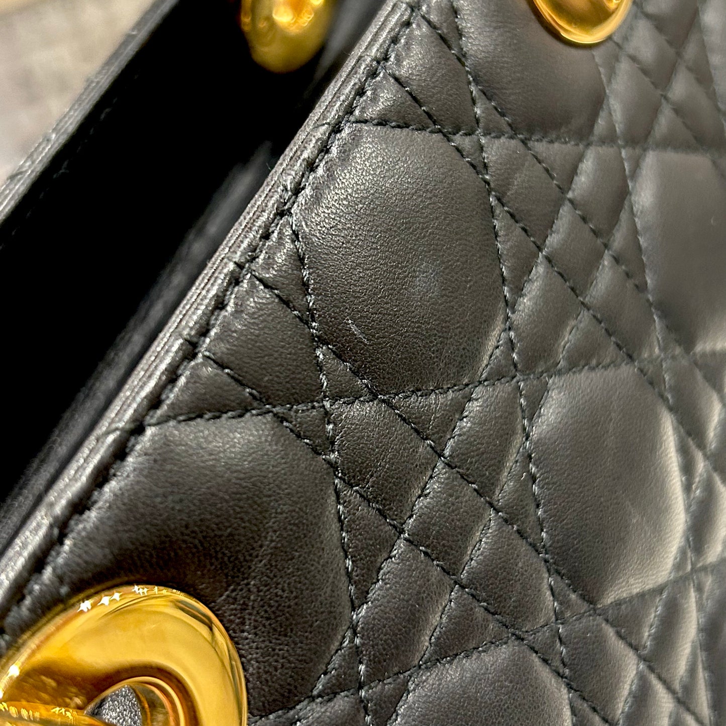 Christian Dior 2001 Black Lambskin Large Lady Dior Cannage 2way Shoulder Handbag