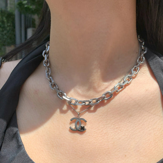Chanel CC Chain Necklace Pendant Rhinestone Silver 05P