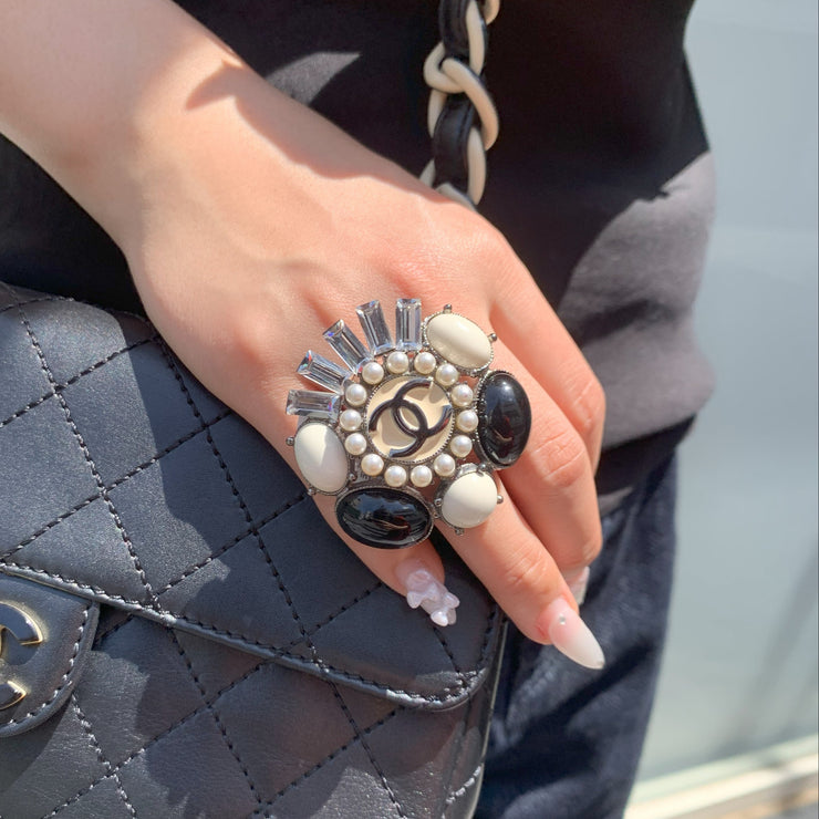 Chanel Ring Silver Rhinestone Costume Pearl #53 06C