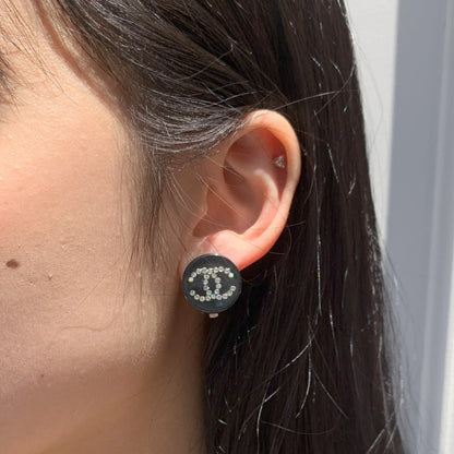 Chanel Button Earrings Clip-On Rhinestone Black 03A