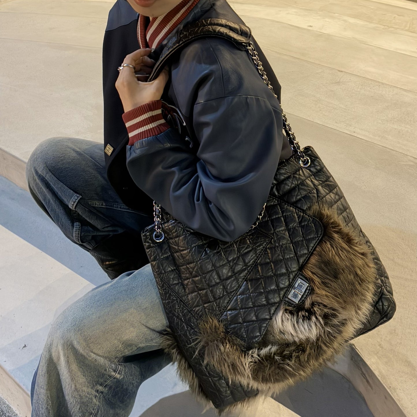 Chanel 2009-2010 Black Calfskin Faux Fur Mademoiselle Lock Shoulder Bag