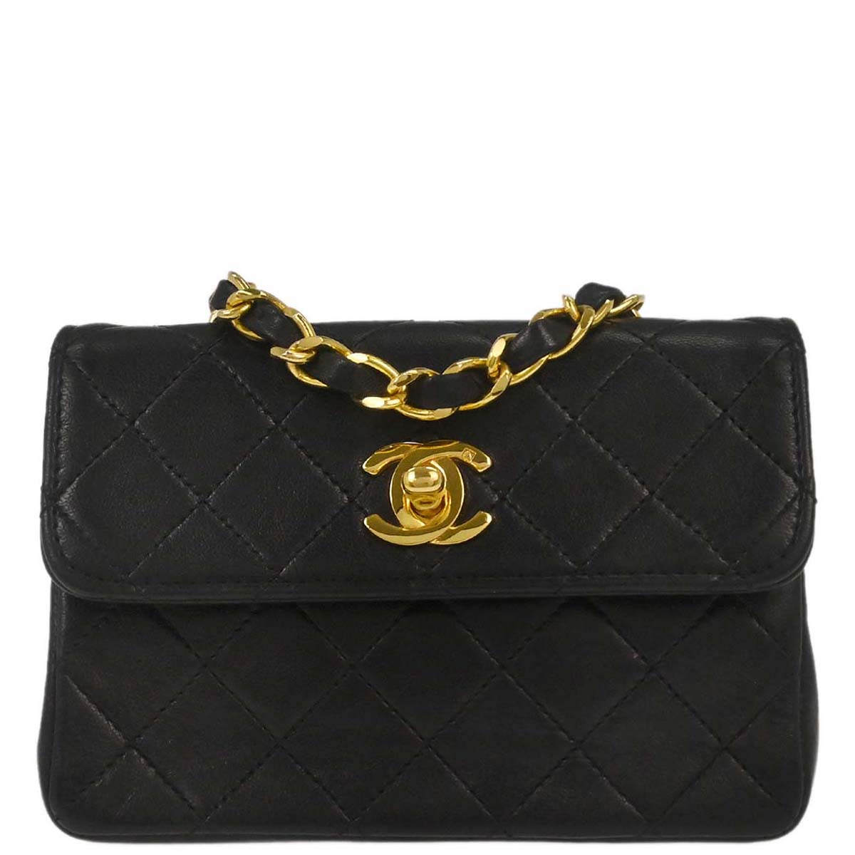 Chanel 1989-1991 Black Lambskin Straight Flap Shoulder Bag
