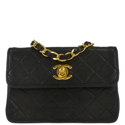 Chanel 1989-1991 Black Lambskin Straight Flap Shoulder Bag