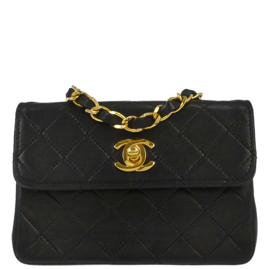 Chanel 1989-1991 Black Lambskin Straight Flap Shoulder Bag