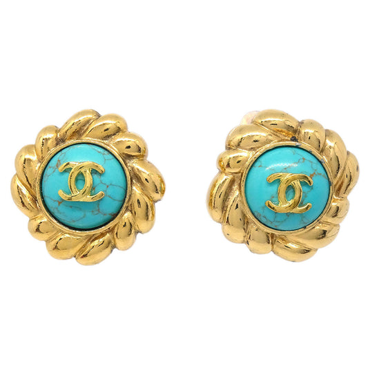 Chanel Rhombus Clip-On Earrings Gold Turquoise 2383