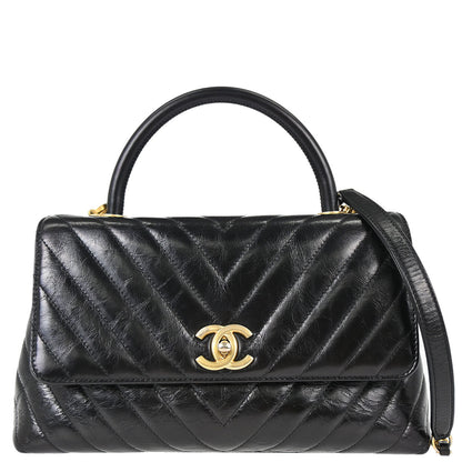 Chanel 2018 Black Calfskin Chevron Coco Handle 2way Shoulder Handbag