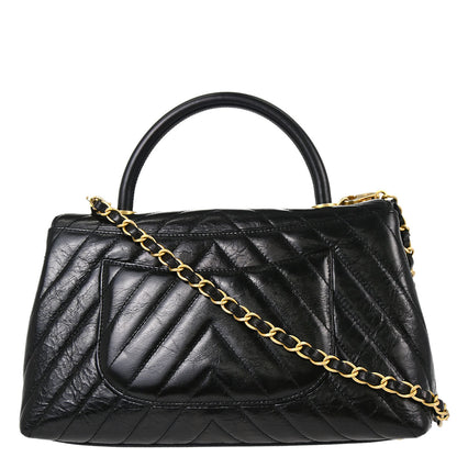Chanel 2018 Black Calfskin Chevron Coco Handle 2way Shoulder Handbag