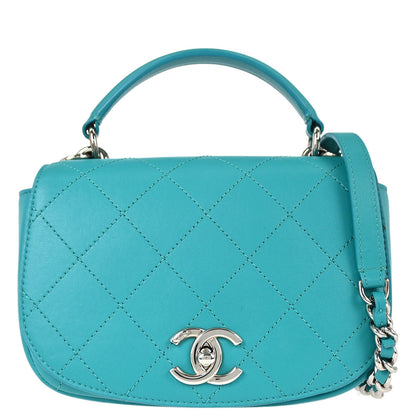 Chanel 2017 Turquoise Blue Calfskin Top Handle 2way Shoulder Handbag