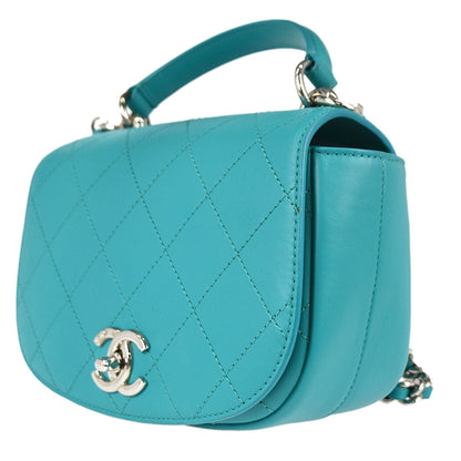 Chanel 2017 Turquoise Blue Calfskin Top Handle 2way Shoulder Handbag