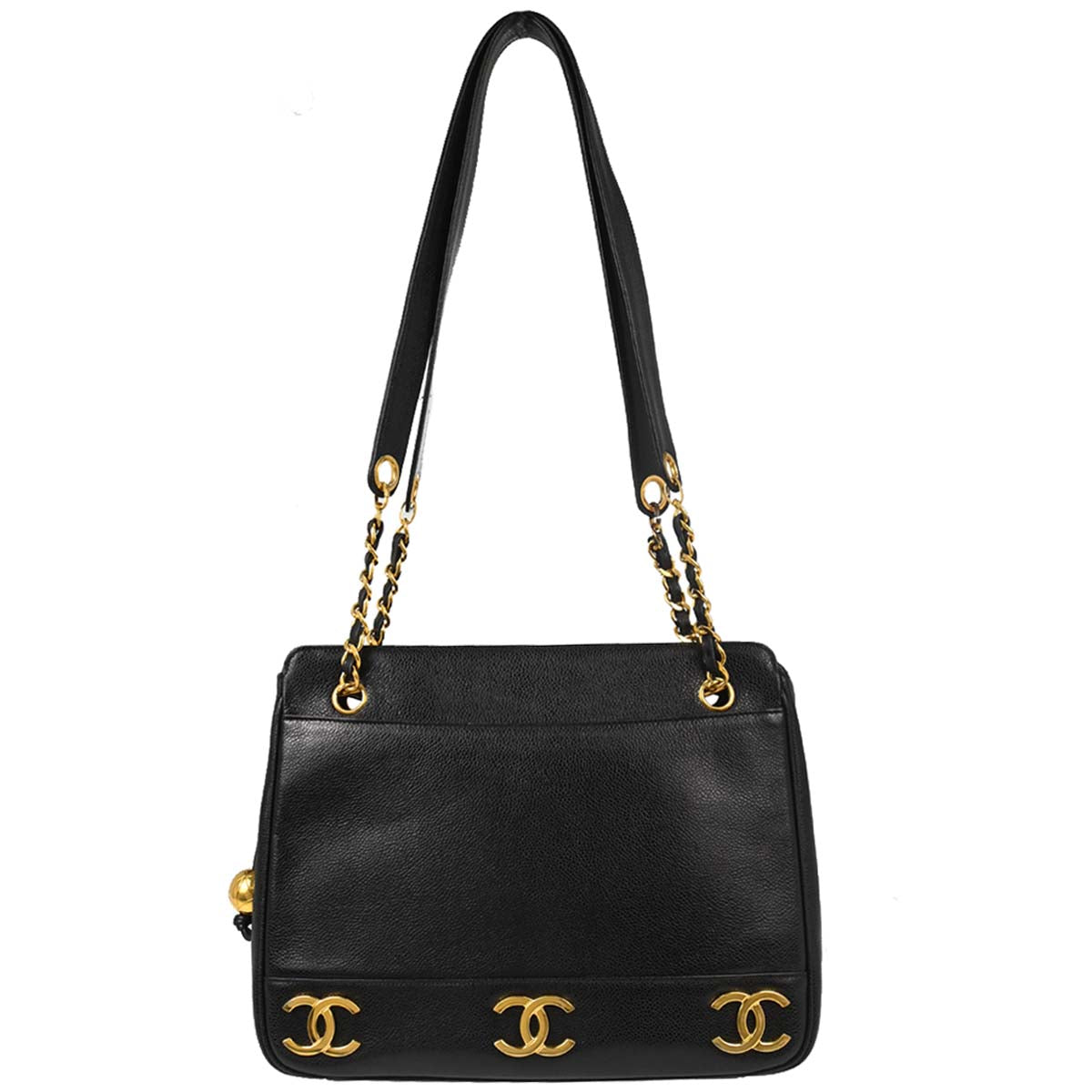Chanel 1989-1991 Black Caviar Triple CC Shoulder Tote Bag