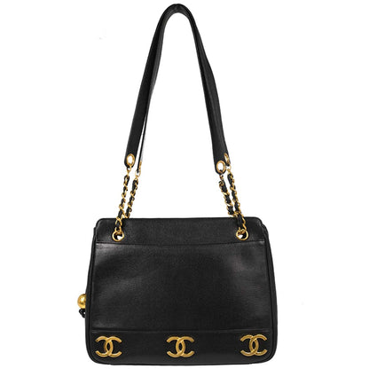 Chanel 1989-1991 Black Caviar Triple CC Shoulder Tote Bag