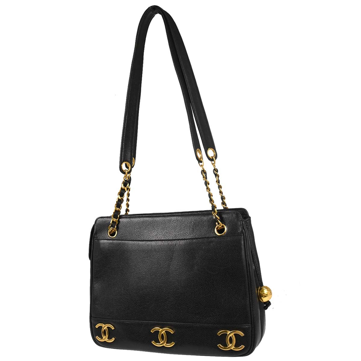 Chanel 1989-1991 Black Caviar Triple CC Shoulder Tote Bag