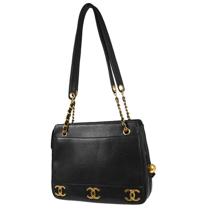 Chanel 1989-1991 Black Caviar Triple CC Shoulder Tote Bag