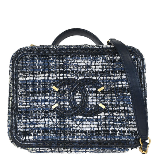 Chanel * 2018 Navy Tweed Python CC Filigree 2way Shoulder Vanity Handbag