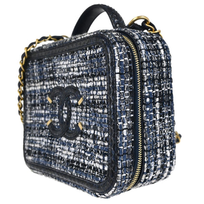 Chanel * 2018 Navy Tweed Python CC Filigree 2way Shoulder Vanity Handbag