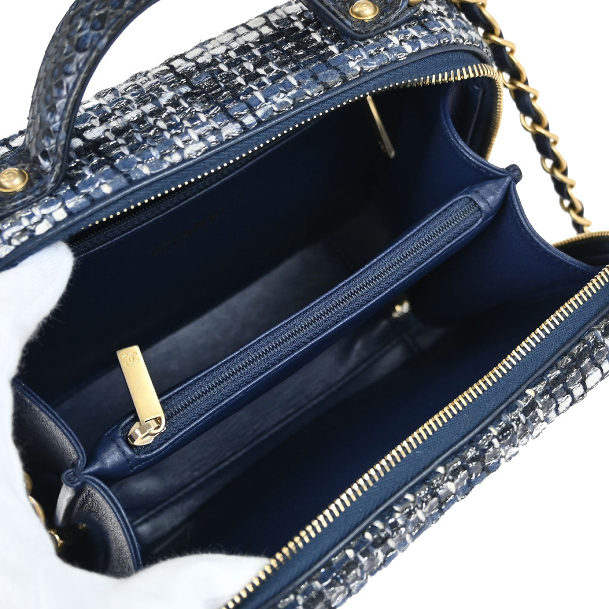 Chanel * 2018 Navy Tweed Python CC Filigree 2way Shoulder Vanity Handbag