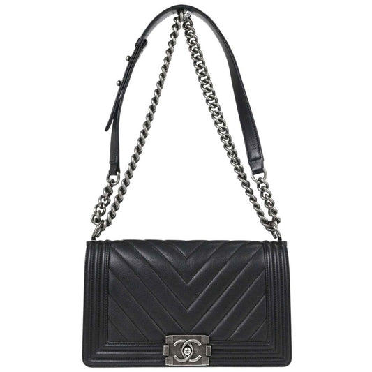 Boy Chanel Black Caviar Skin Chevron Medium Shoulder Bag