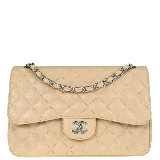 Chanel Beige Caviar Skin Jumbo Classic Double Flap Shoulder Bag