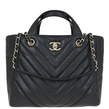 Chanel 2018-2019 Black Calfskin Statement Chevron Shopping Tote 2way Shoulder Handbag