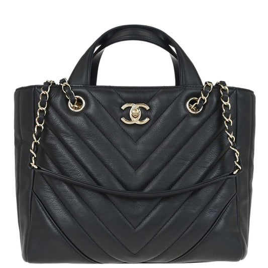 Chanel 2018-2019 Black Calfskin Statement Chevron Shopping Tote 2way Shoulder Handbag