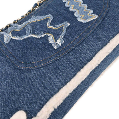 Chanel 2019 Blue Denim White Shearling Paris-New York Hieroglyph Maxi Flap Bag Gold Hardware