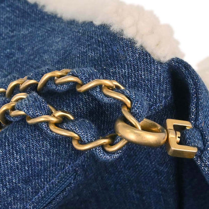 Chanel 2019 Blue Denim White Shearling Paris-New York Hieroglyph Maxi Flap Bag Gold Hardware
