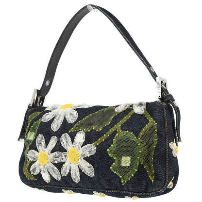 Fendi Navy Denim Floral Baguette Handbag