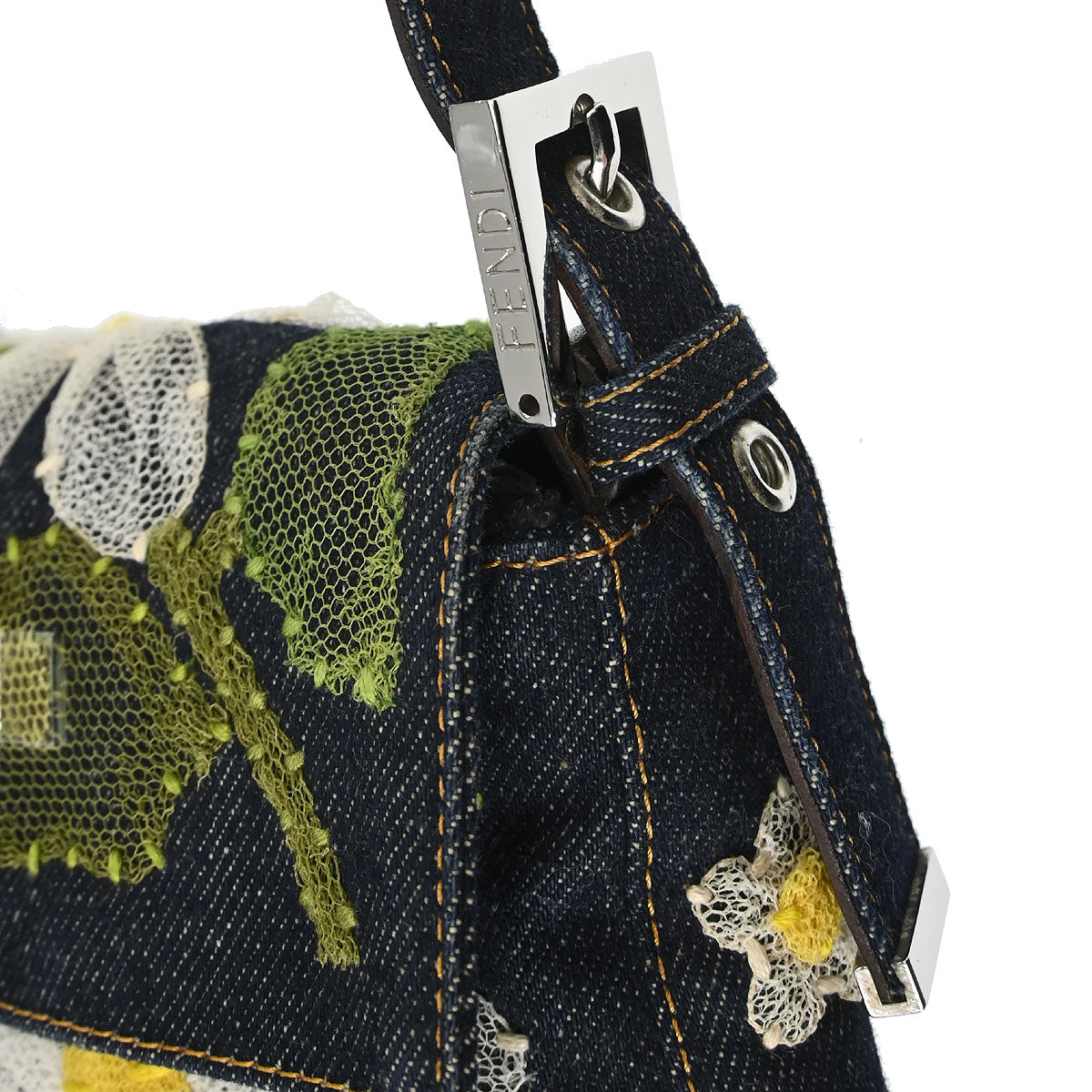 Fendi Navy Denim Floral Baguette Handbag