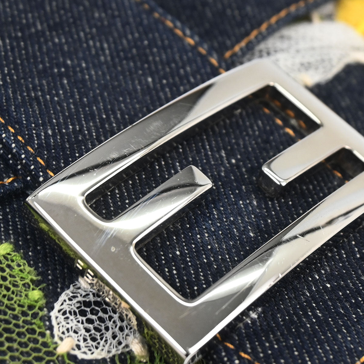 Fendi Navy Denim Floral Baguette Handbag