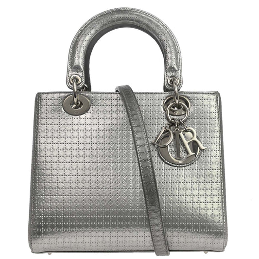 Christian Dior Silver Leather Medium Lady Dior Cannage 2way Shoulder Handbag