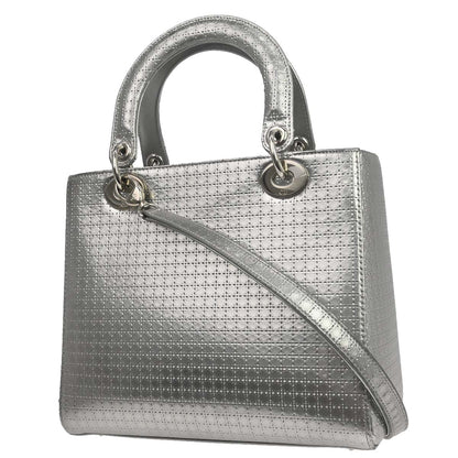 Christian Dior Silver Leather Medium Lady Dior Cannage 2way Shoulder Handbag