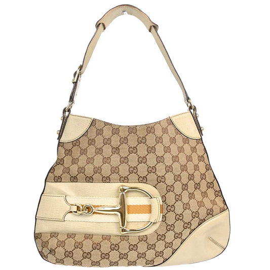 Gucci Beige Canvas GG Horsebit Shoulder Bag