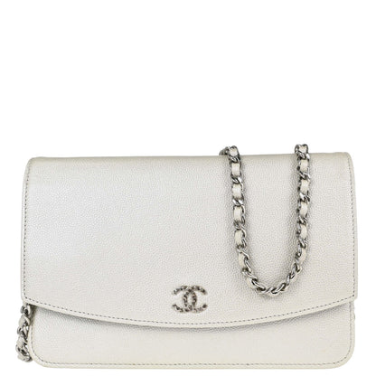Chanel Metallic White Caviar Skin WOC Wallet on Chain Shoulder Bag