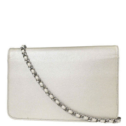 Chanel Metallic White Caviar Skin WOC Wallet on Chain Shoulder Bag