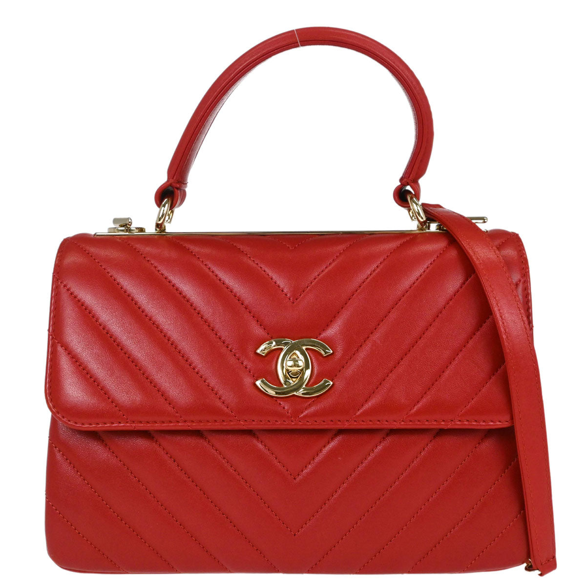 Chanel Red Lambskin Trendy CC Chevron Top Handle 2way Shoulder Handbag